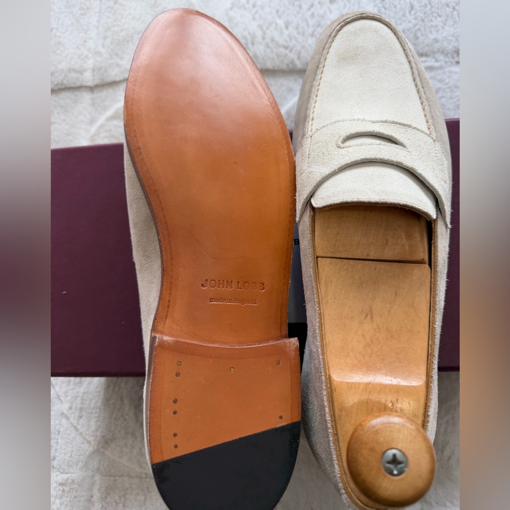NEW! $1,980 John Lobb “Lopez” Suede Sand Cream Beige Tan Loafers 9W 10D - Picture 6 of 10